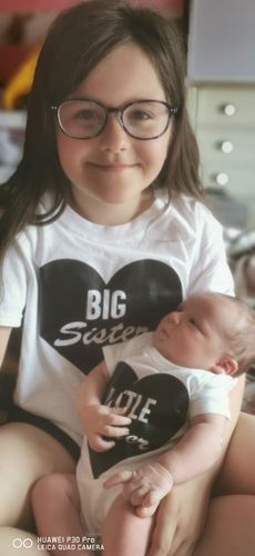 Customer photo review of Little Sis/Big Sis Heart White Tee/Romper Set (MRK X)