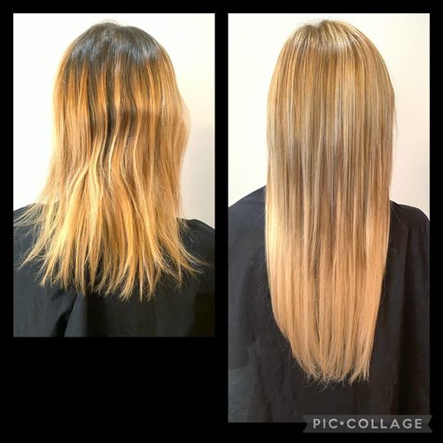 Customer photo review of Full Shine Tape in Hair Extensions 100% Remy Human Hair 20 Pieces 50 Grams Balayage Ombre (#8/60)