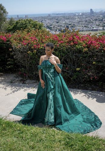 Customer photo review of Haute Couture Green Cape Prom Dresses Sequin Pageant Gown FD2513