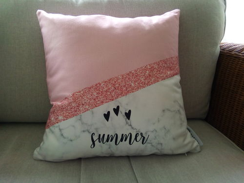Customer photo review of Pink Geometric Marble Personalised Name Cushion