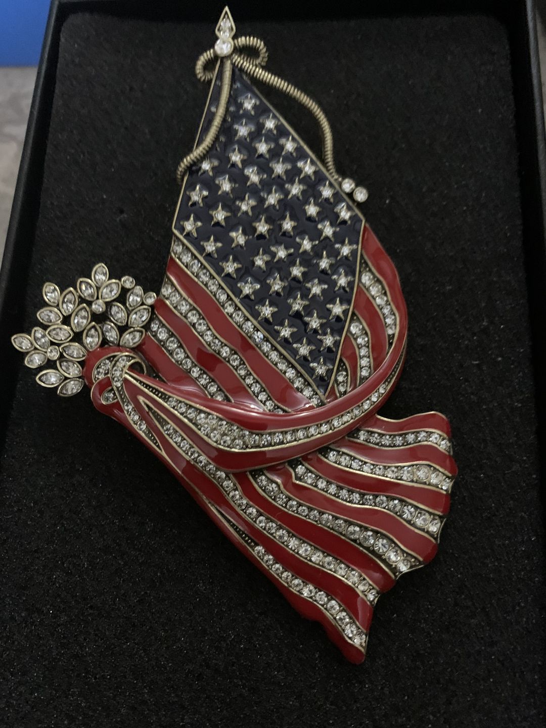 Customer photo review of HEIDI DAUS®"So Swag Pin" Enamel Crystal Flag Patriotic Pin