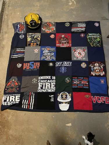 T-shirt quilt with firefighting, public safety themes by Sarah from OH