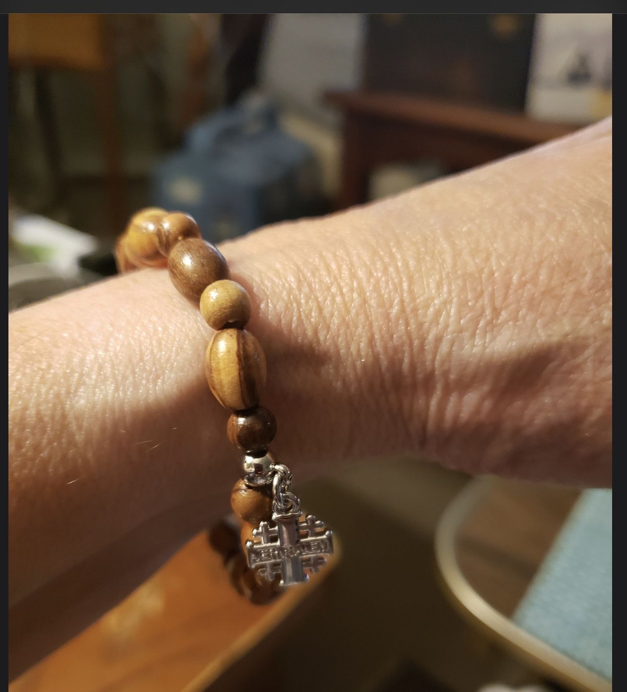 Customer photo review of Olive Wood Beads Bracelet with Pendant - Holy Land Bracelets