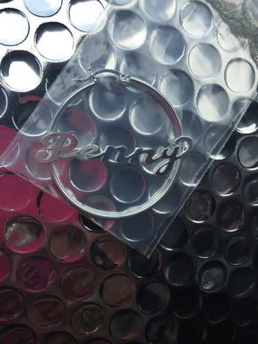 Customer photo review of Script Name Hoop Earrings