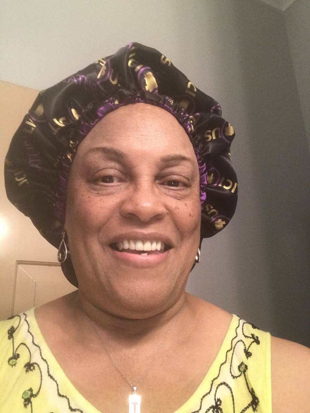 Customer photo review of Reversible Charmeuse Satin Bonnet