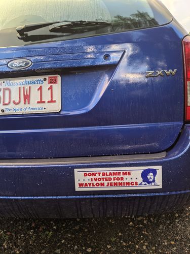 Customer photo review of I Voted for Waylon Jennings Bumper Sticker