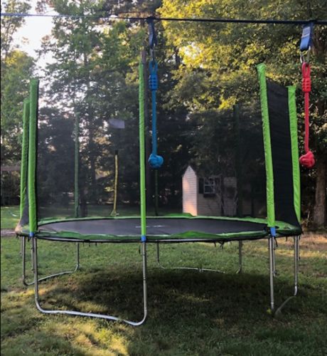 Customer photo review of Kangaroo Hoppers 12FT Round Kids Trampoline with Safety Enclosure Net, Basketball Hoop and Ladder(4 U-legs)