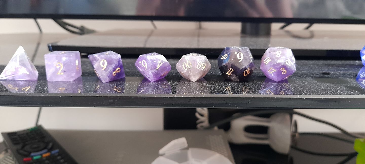 Customer photo review of URWizards D&D Amethyst Gemstone Engraved Dice Set