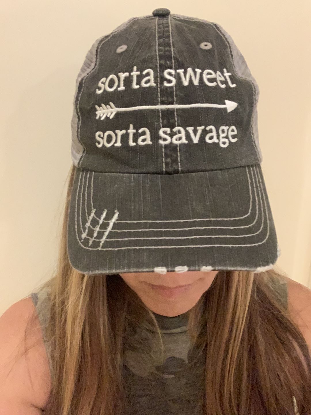 Customer photo review of Sorta Sweet Sorta Savage Trucker Hat