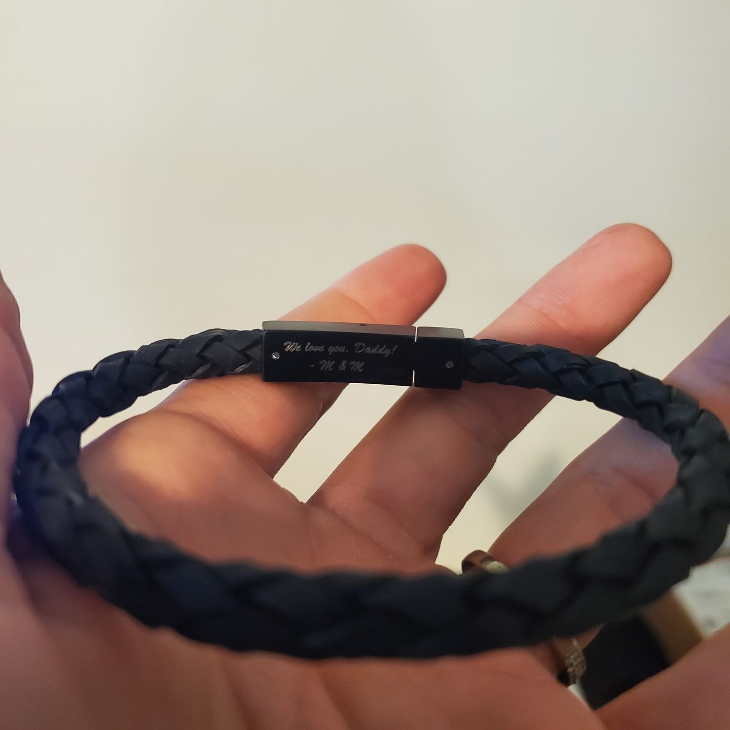 Customer photo review of 6mm Black on Black Steel Italian Leather Engravable Bracelet