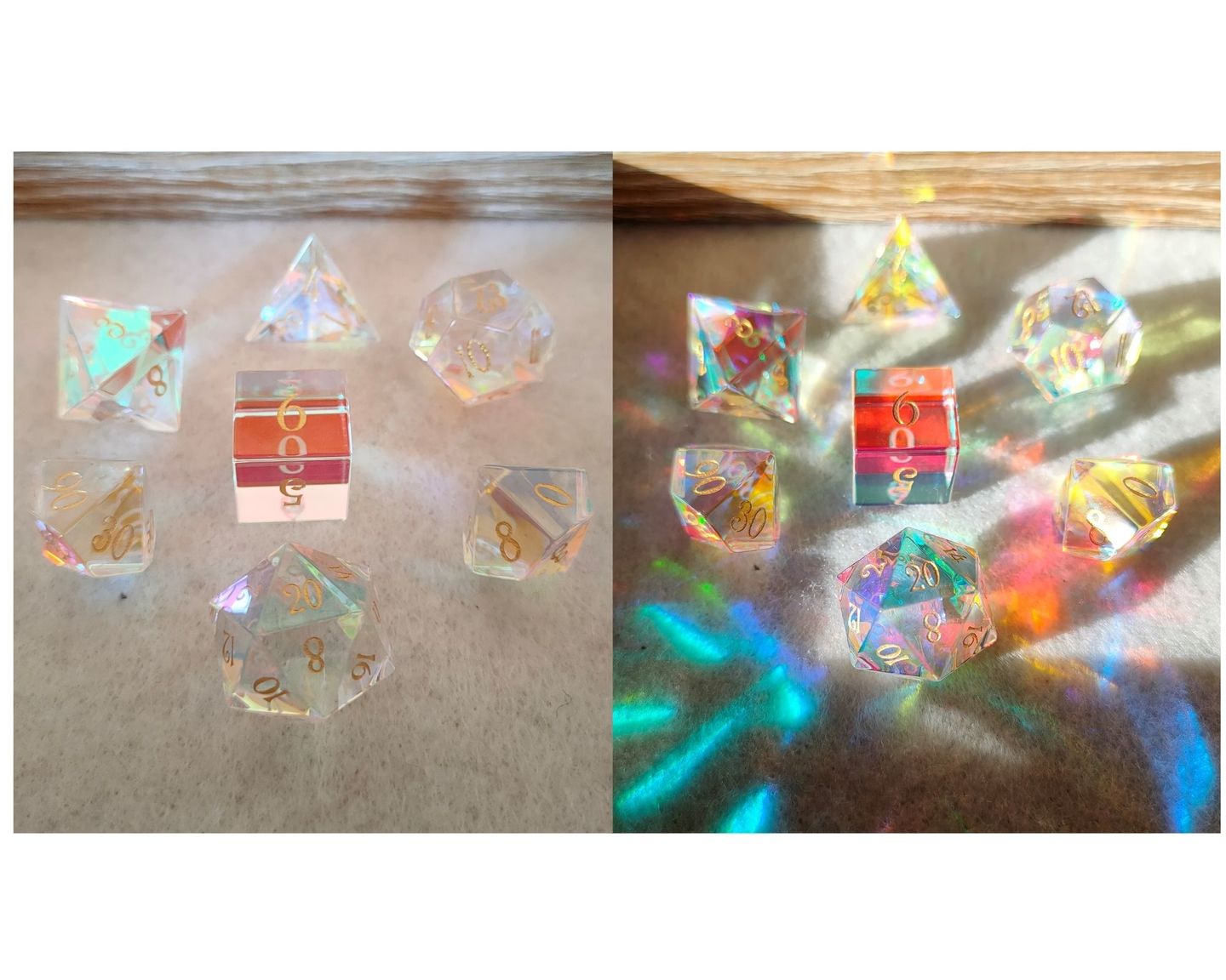 Customer photo review of URWizards D&D Dichroic Prism Glass Gemstone Engraved Dice Set