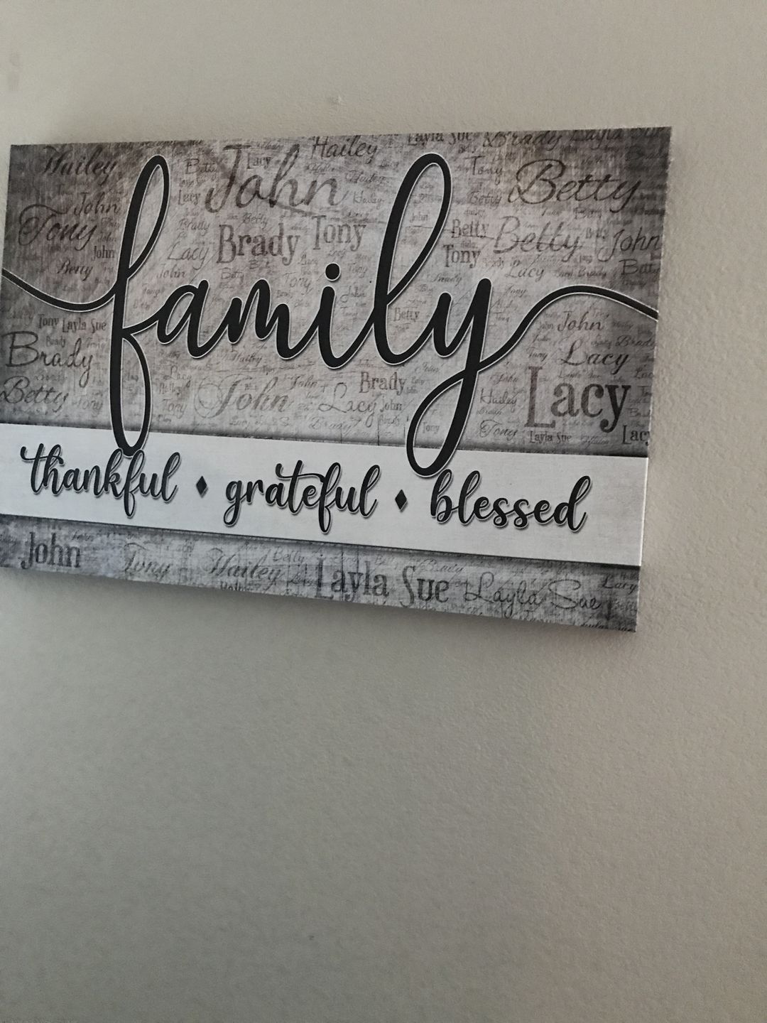 Customer photo review of Personalized "Family - Thankful, Grateful, Blessed" Names On Background Premium Canvas