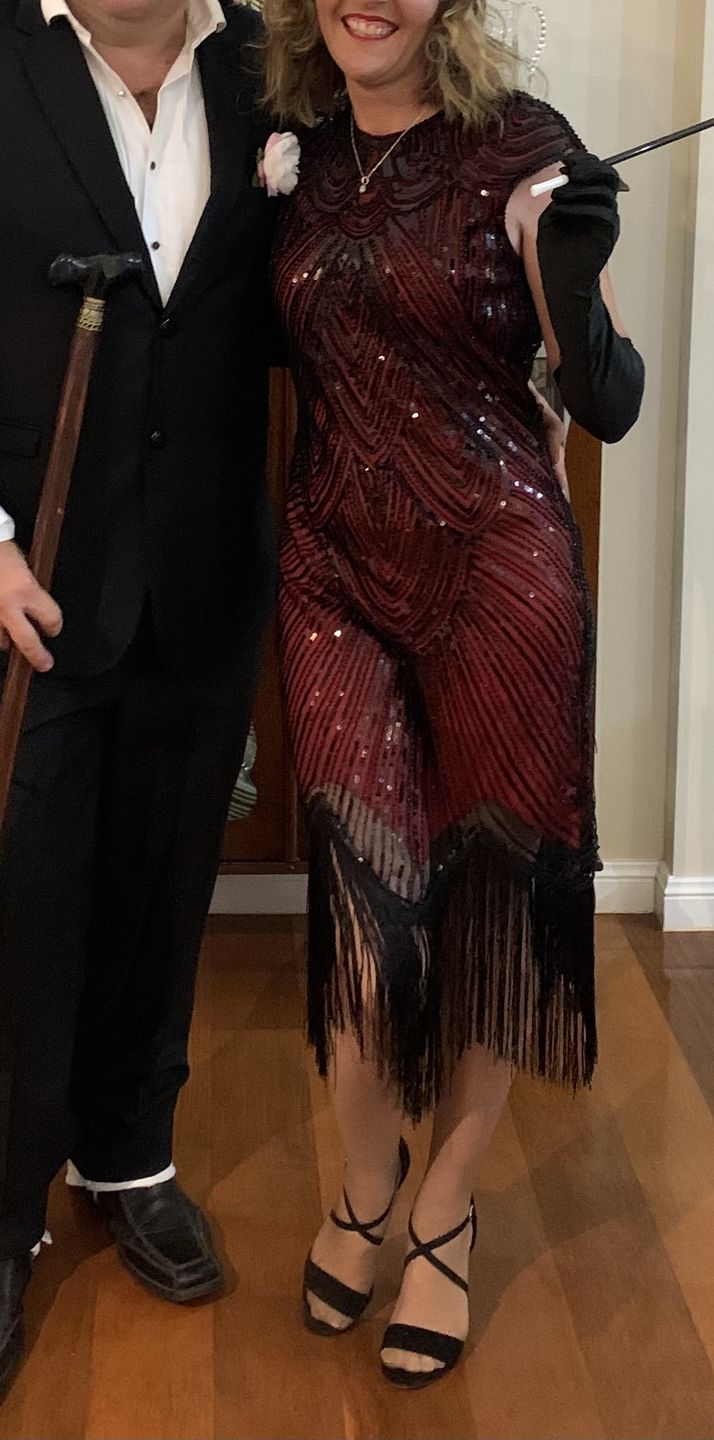 Customer photo review of 1920s Red & Black Beaded Mable Flapper Dress