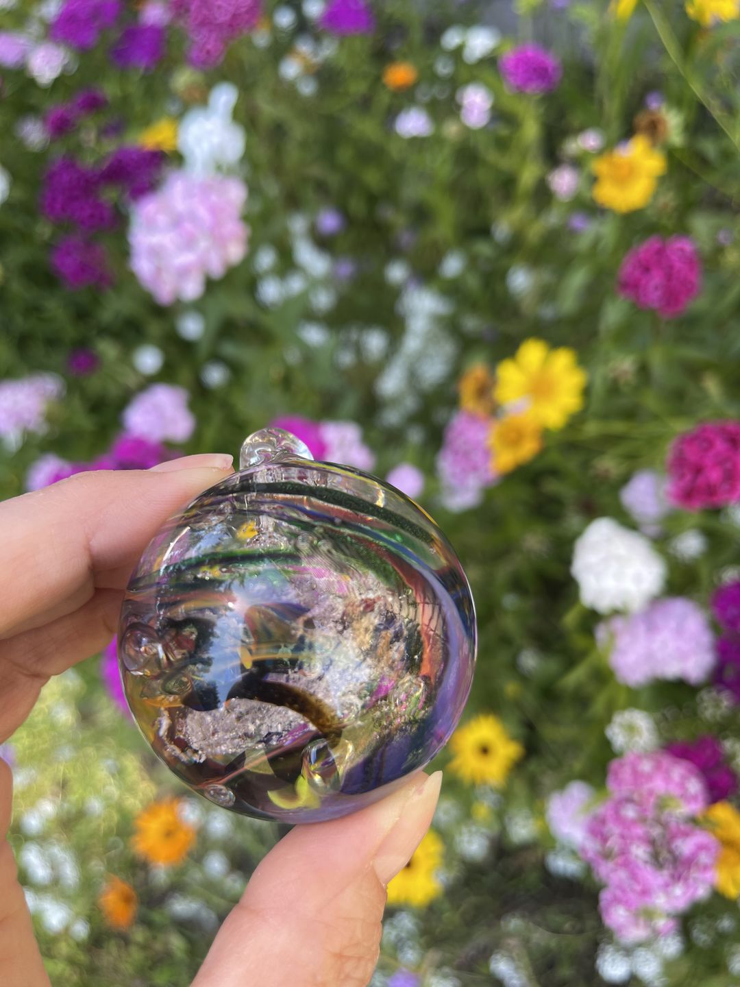 Customer photo review of Rainbow Confetti Orb with Cremation Ashes