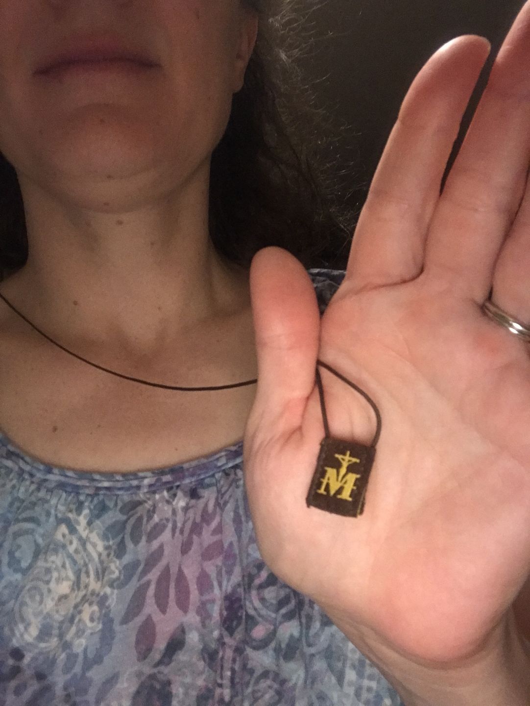 Customer photo review of Premium Brown Scapular, Brown & Gold (Mini)