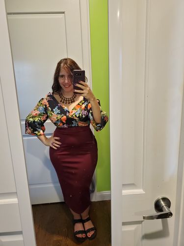 Customer photo review of Bawdy Cropped Blouse in Black Vintage Floral - Vixen by Micheline Pitt