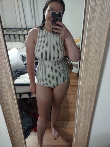 Customer photo review of Hello Bombshell Top | White & Black Stripes | Final Sale