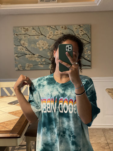 Customer photo review of GOOD VIBES Unisex T-Shirt - Teal Tie Dye