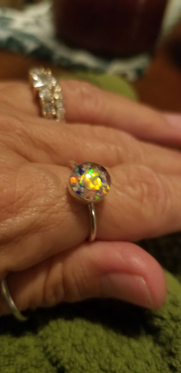Customer photo review of Opal Heart Ring with Cremation Ashes