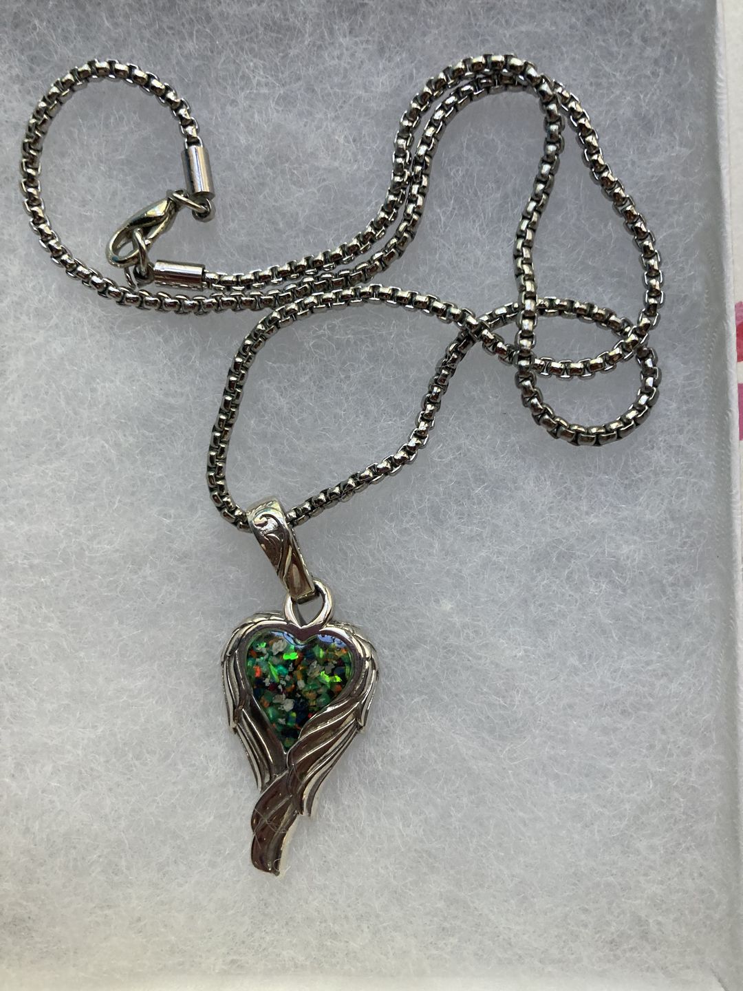 Customer photo review of Angel Wing Heart Pendant  - Engravable
