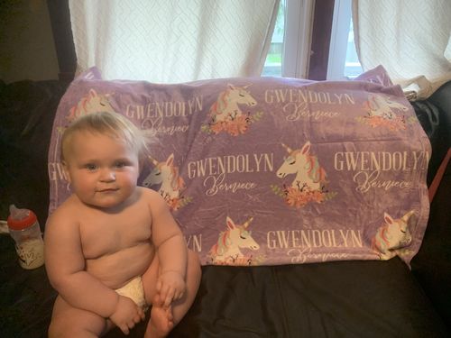 Customer photo review of Lavender Purple Unicorn Pattern Custom Name Printed Fleece Baby Kids Blanket