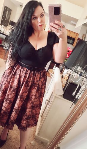 Customer photo review of Vacation Swing Skirt in Peach and Black Lace - Vixen by Micheline Pitt