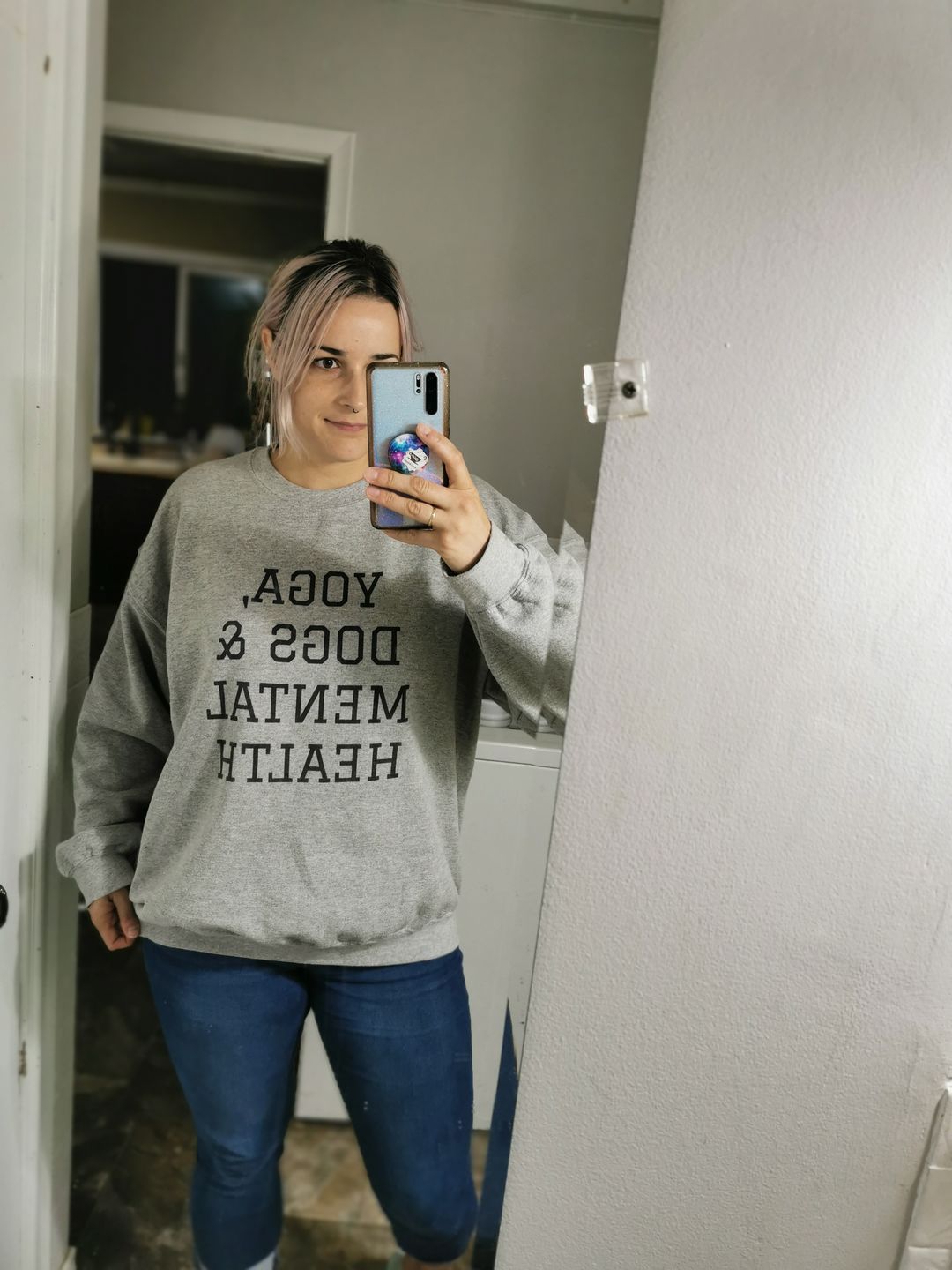 Customer photo review of Yoga, Dogs & Mental Health Sweatshirt
