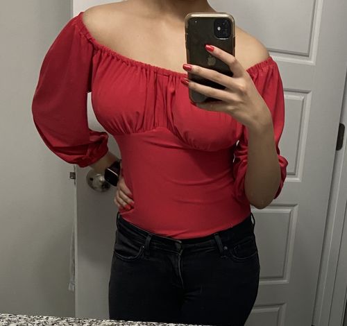 Customer photo review of Vacation Blouse in Coral Red - Vixen by Micheline Pitt