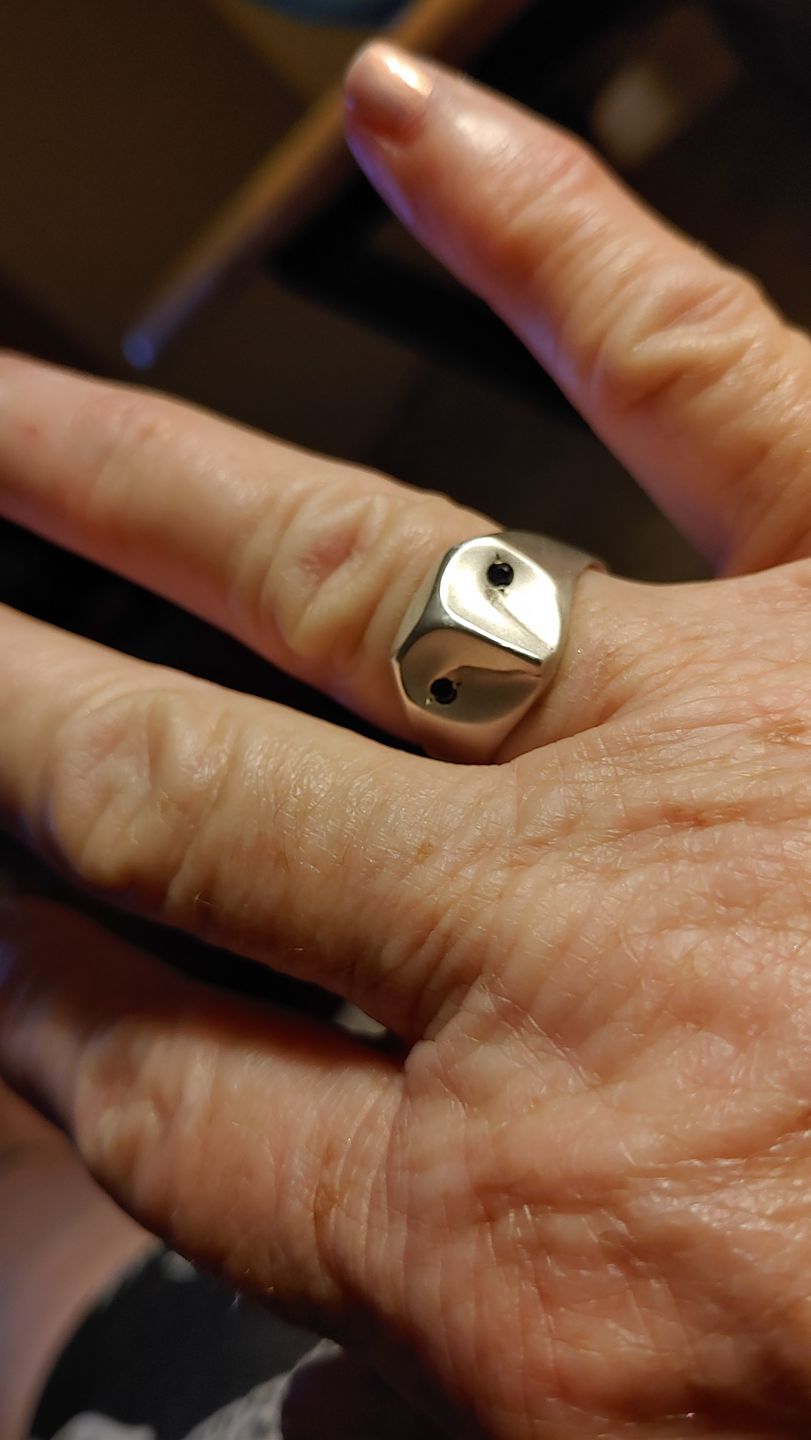 Customer photo review of Owl Ring with Sapphire Eyes