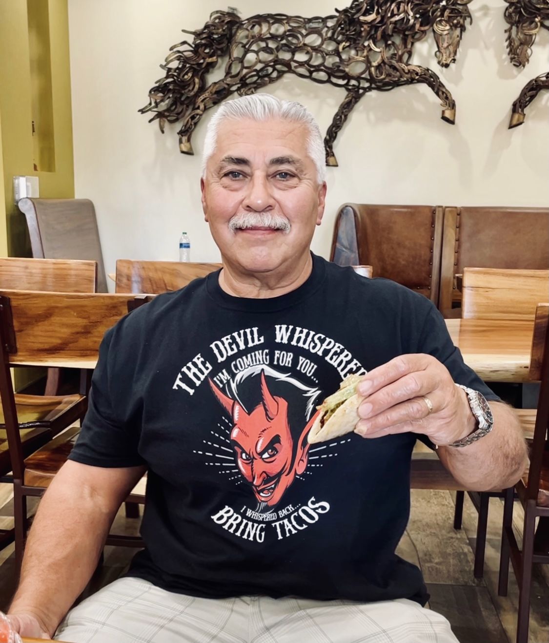 Customer photo review of The Devil Whispered...Bring Tacos OG T-Shirt