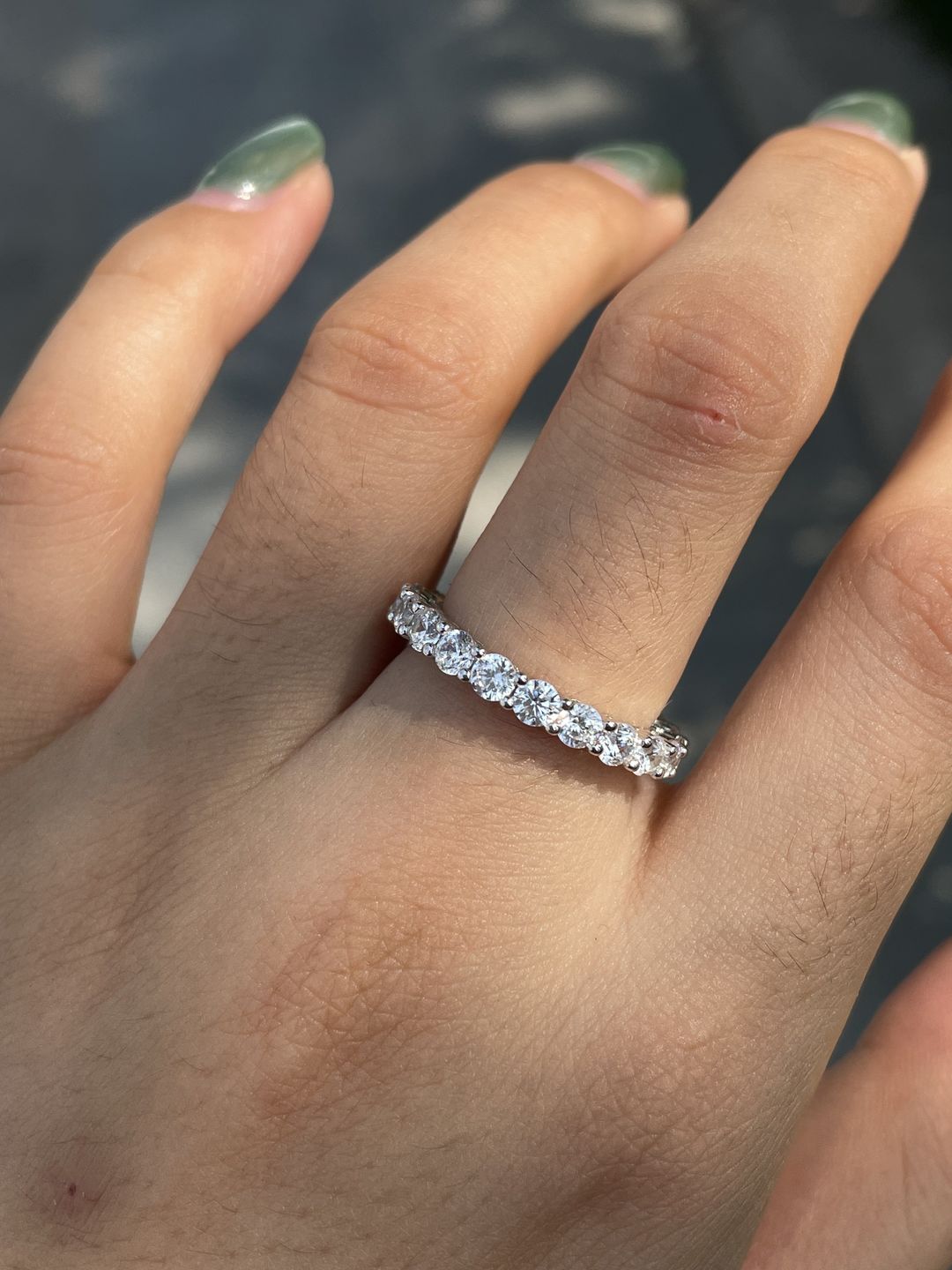 Customer photo review of Louily Eternity Round Cut Simulated Diamond Wedding Band In Sterling Silver