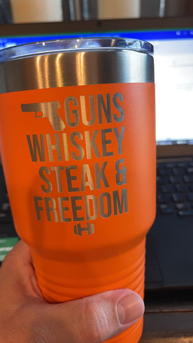 Customer photo review of Guns Whiskey Steak And Freedom Laser Etched Tumbler