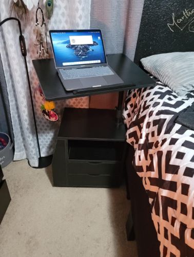 Customer photo review of Bedside Table Height Adjustable End Table,Wooden Nightstand with Swivel Top,Storage Drawers & Universal Wheels, Black