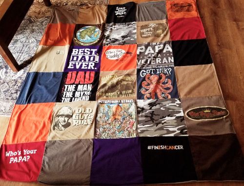 T-shirt quilt with fishing, veterans themes by Meghan from CA