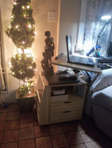 Customer photo review of Bedside Table Height Adjustable End Table, Wooden Nightstand with Swivel Top, Storage Drawers & Universal Wheels, White Maple