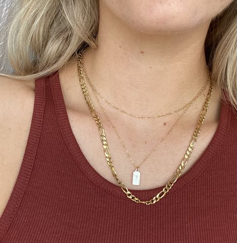 Customer photo review of Tiny Square Initial Stamped Necklace