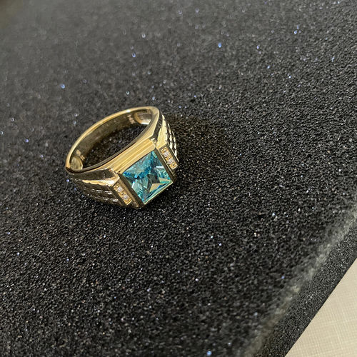 Customer photo review of Blue Topaz Ring for Men in Solid Fine 14K Yellow Gold Natural Mens Diamond Ring