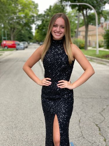 Customer photo review of Sequin Halter Open Back Gown