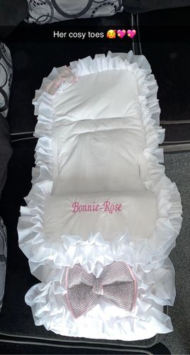 Customer photo review of Personalised White Extra Frilly Pink Bling Bows Footmuff