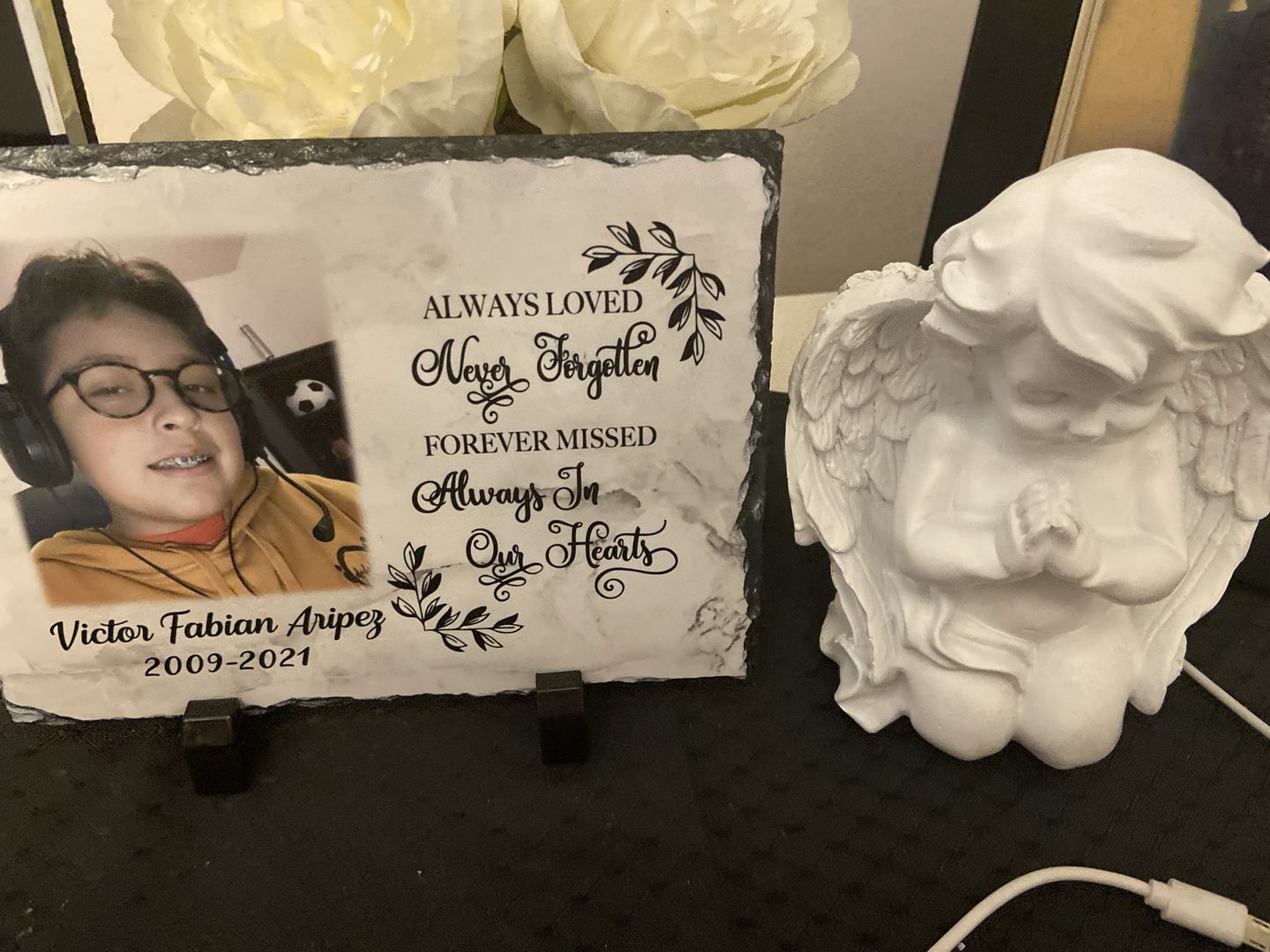 Customer photo review of Beautiful Memorial Slate | Always Loved Never Forgotten Forever | Marble Design Sympathy Slate Stone with Photo |Sympathy Keepsake