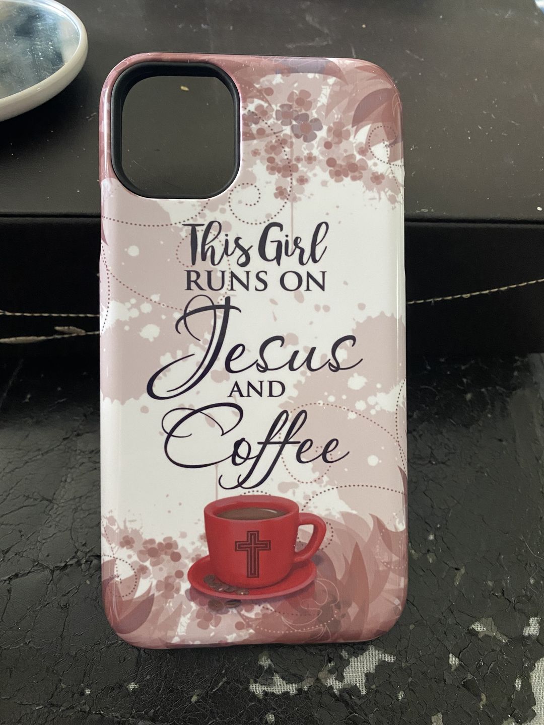 Customer photo review of This girl runs on Jesus and coffee phone case | Christian phone cases