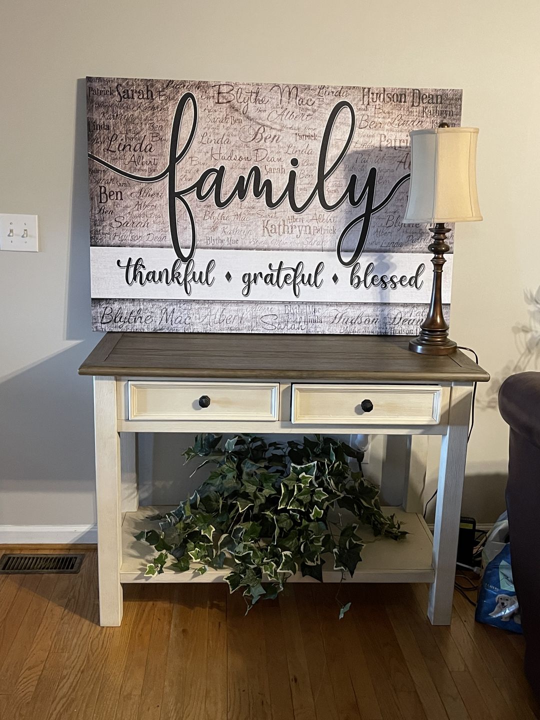 Customer photo review of Personalized "Family - Thankful, Grateful, Blessed" Names On Background Premium Canvas