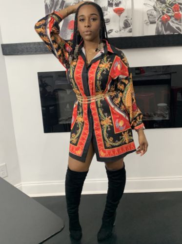 Customer photo review of Graphic Print Retro Single Breasted Mini Dress