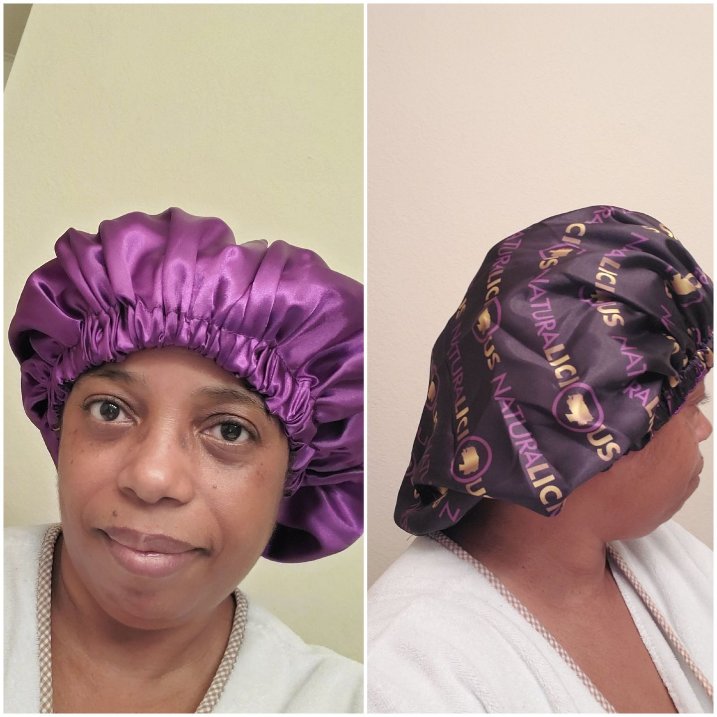 Customer photo review of Reversible Charmeuse Satin Bonnet