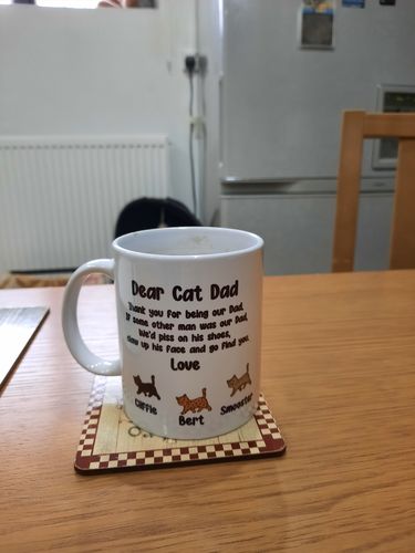 Customer photo review of Dear Cat Dad Custom Coffee Mug