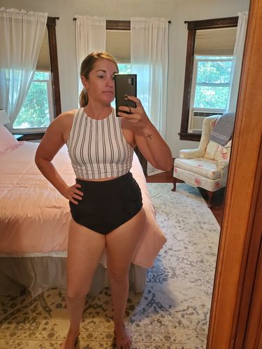 Customer photo review of Hello Bombshell Top | White & Black Stripes | Final Sale