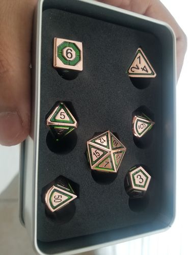 Customer photo review of CLERIC'S DOMAIN GREEN AND BRONZE METAL DICE