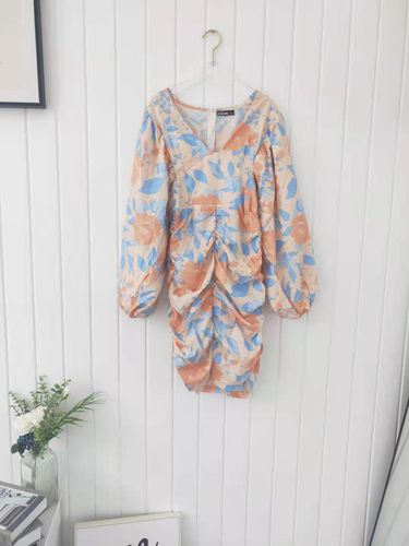 Customer photo review of Floral Print Deep V Neck Glamorous Ruched Mini Dress