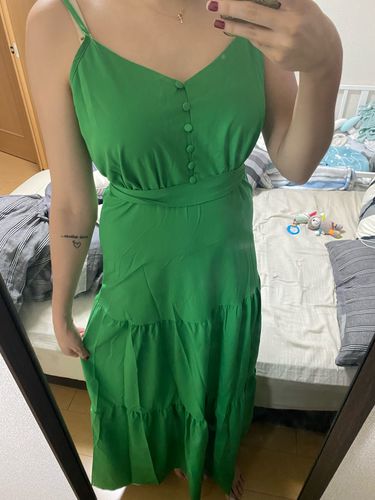 Customer photo review of Lace-Up Sleeveless V-Neck Floor-Length Plain Women's Dress