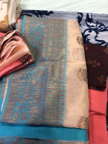 Customer photo review of Subtle Beige Woven Linen Jacquard Saree